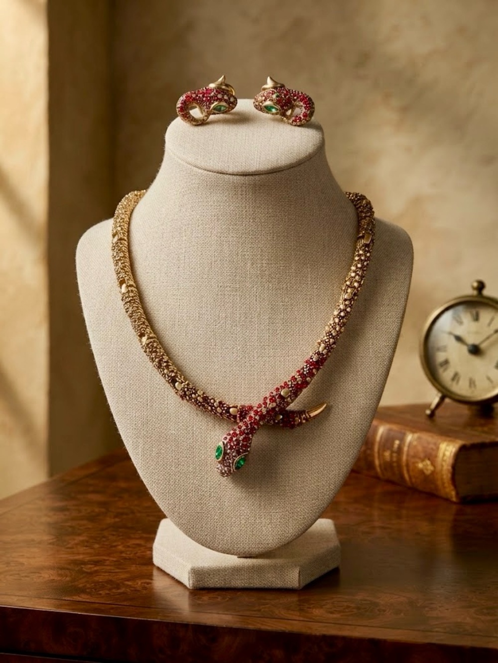 Gold-Tone Articulated Snake Necklace and Earrings Set